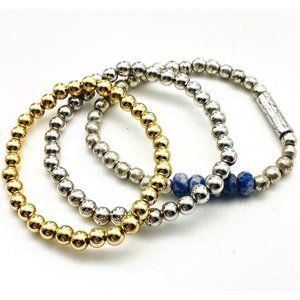 Metallic Bead Stretch Bracelets Lot of 3 Mixed Metal Tones Boho Festival Party